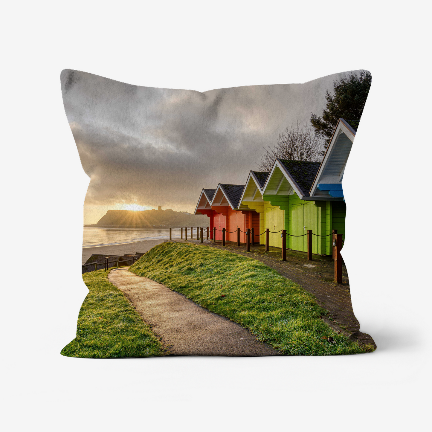 Scarborough Beach Huts Sunrise, East Yorkshire - 46x46cm Double Sided Faux Canvas Cushion