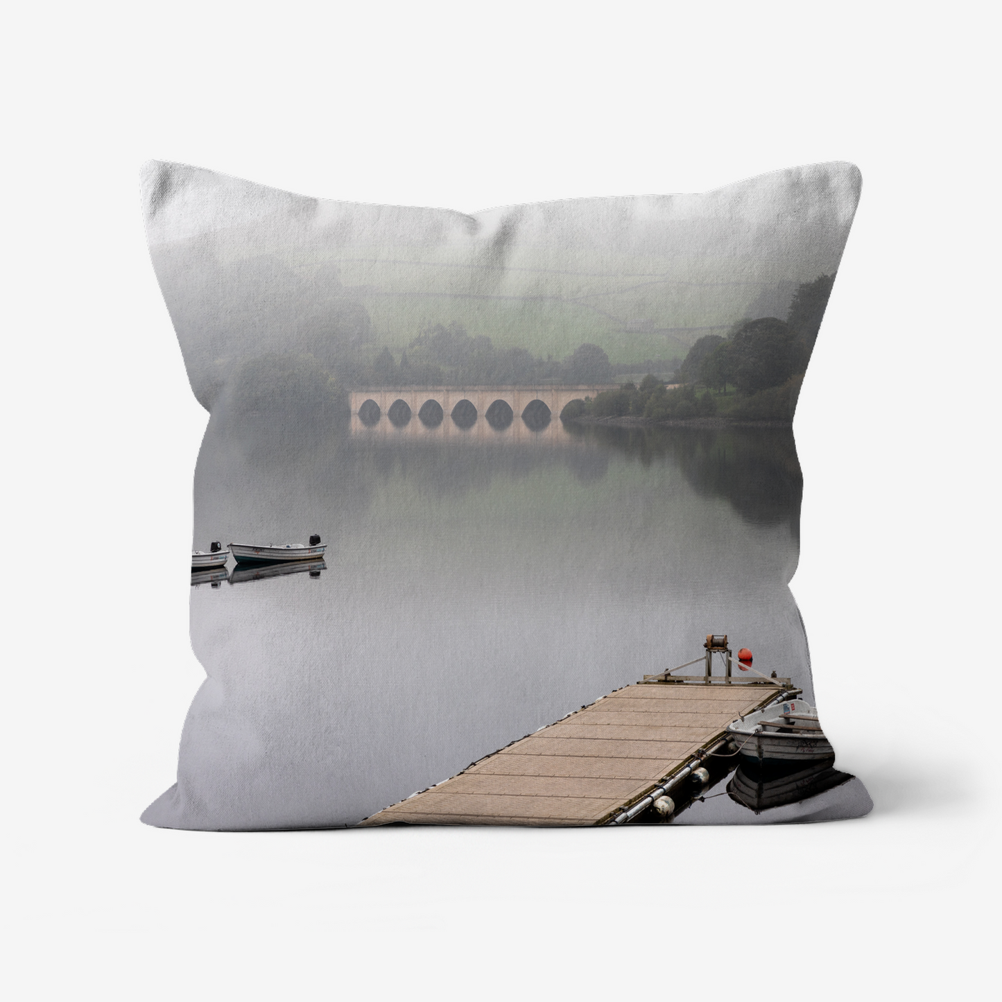 Misty Ladybower Reservoir and Jetty - 46x46cm Double Sided Faux Canvas Cushion