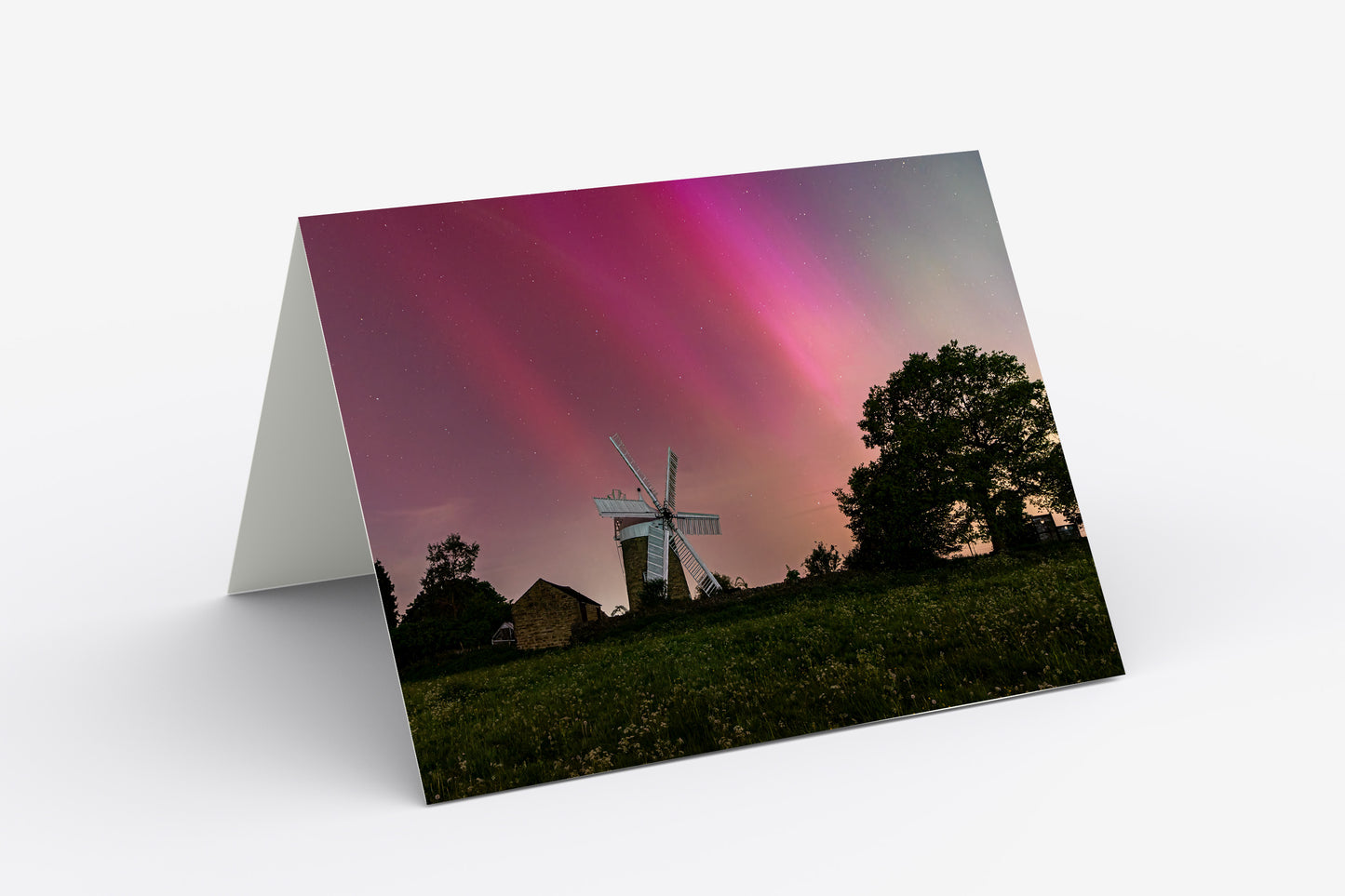 Heage Windmill Northern Lights - Blank Inside, A5 Greetings Card with Envelope